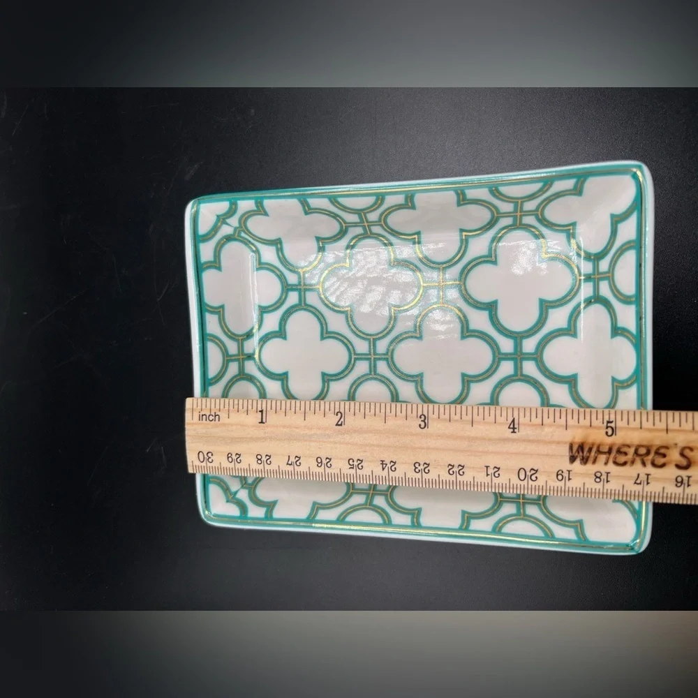 I. Godinger & Co. Trinket Jewelry Dish Tray Rectangle White W/ Teal & Gold